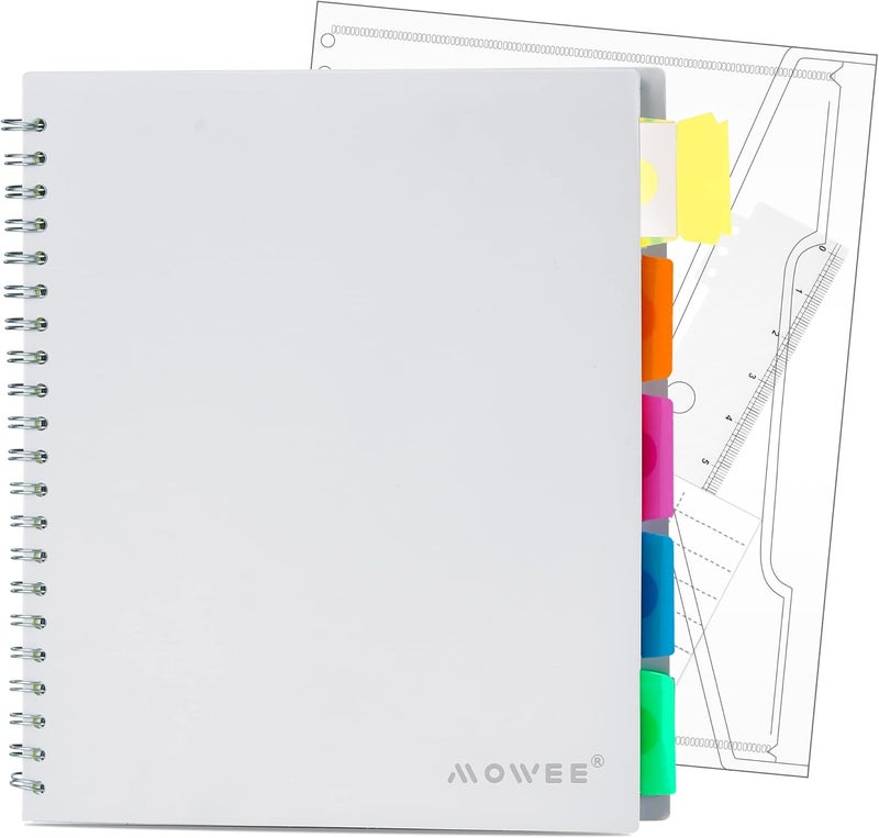 MOWEE 5 Subject Notebook - Spiral Notebook, College Ruled Notebook With Dividers Pocket, Tabs, 11" Ruler, 200 Pages, for Writing Journal, Home & Office, School Supplies, 8.5''x11'' Lily White - Image 1